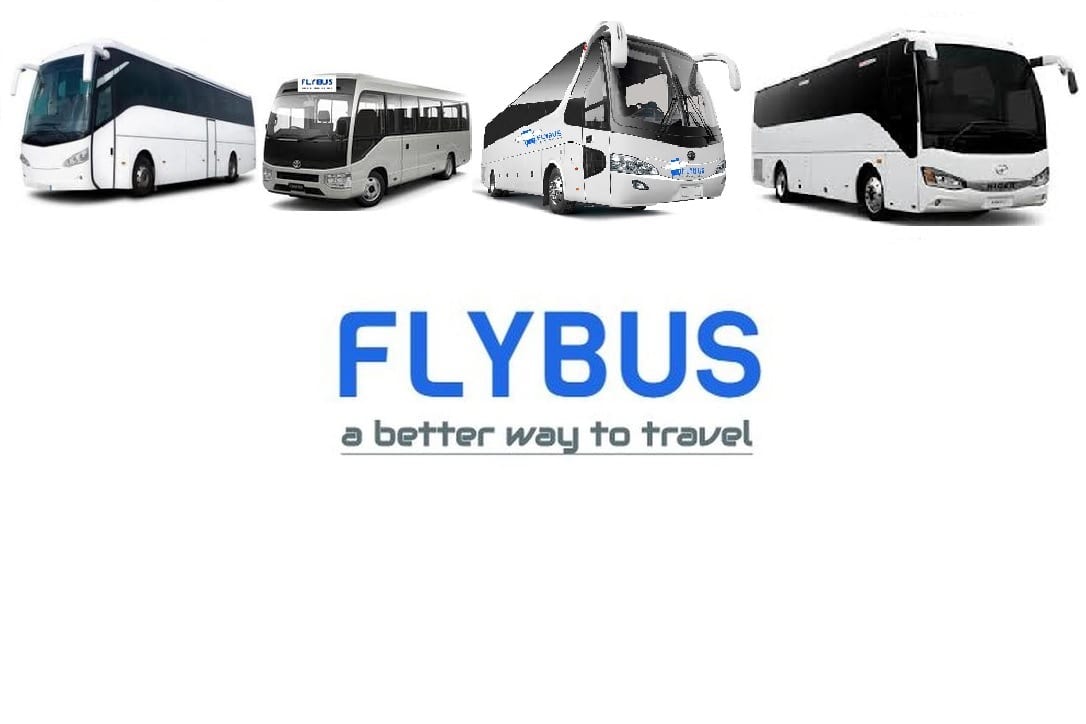 flybus bus hire fleet four buses in the photo with the company logo
